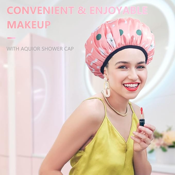 Aquior Shower Cap,Extra Large Triple Layer Bathing Cap with Dry Hair Function for Women Microfiber Terry Cloth Silky Satin 100%% Waterproof Reusable Long Hair Bath Caps (Pink Flora)