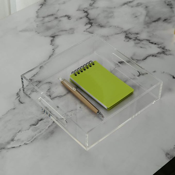 KEVLANG Clear Sturdy Acrylic Tray with Handles-8"x8"x2"H-Countertop Organizer Tray for Kitchen,Bathroom,Office- Storage Box for Cosmetics, Jewelry,Toiletries,Toy,Gadgets