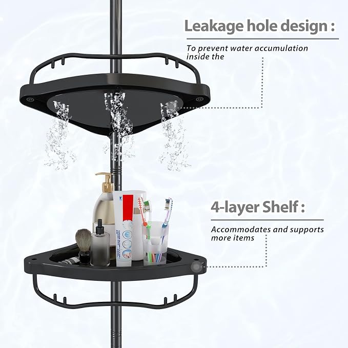 Shower Caddy,Shower Caddy Tension Pole with 4 ABS Baskets,Shower Storage Shelf with 56 to 125 Inch Adjustable Stainless Pole for Bathroom Black