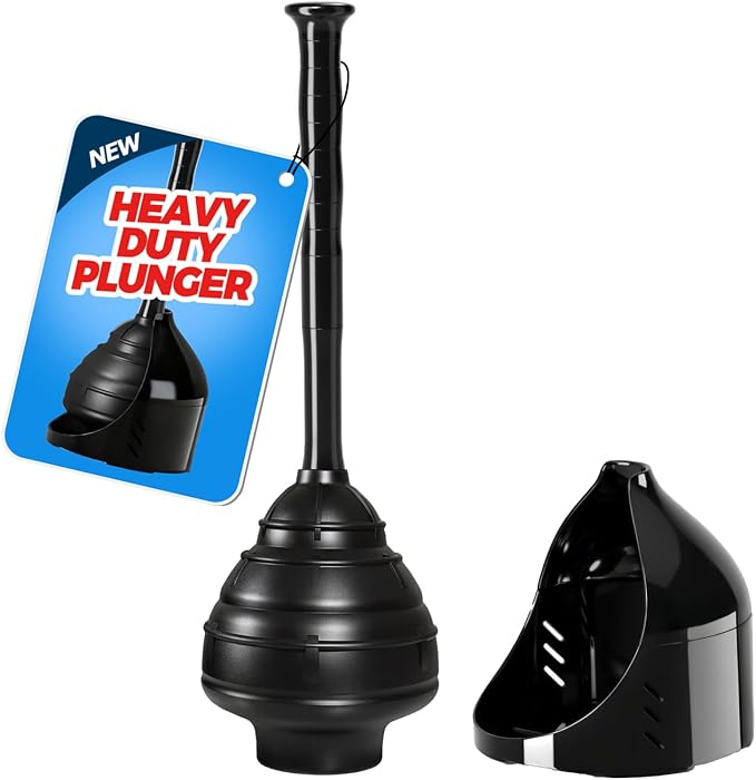 FORASTO Toilet Plunger with Holder,Powerful Clog Removal,Heavy Duty Plunger | Plungers for Bathroom,Bathroom Accessories,Cleaning Supplies,Home Essentials,Bathroom Decor,Toilet Bowl Cleaners,Black