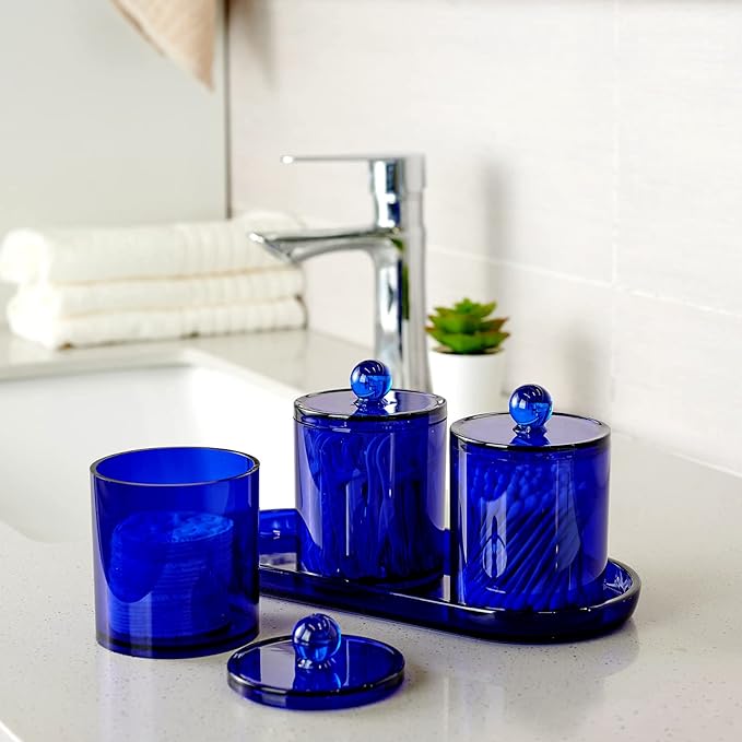 SheeChung 3 PCS Qtip Holder Bathroom Set with Tray, Acrylic Apothecary Jars | Blue Qtip Dispenser with Lid and Labels, Bathroom Qtip Holder Set for Cotton Ball, Cotton Swab 1 Pack Bathroom Vanity Tray