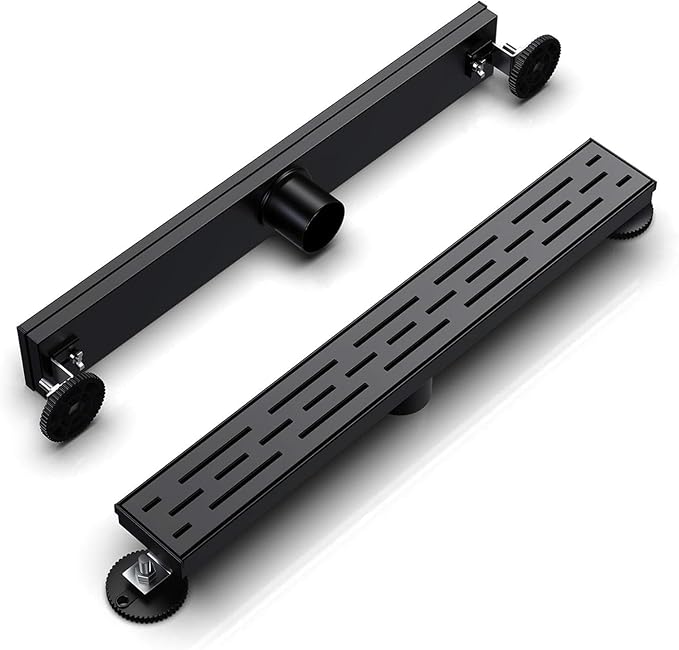 ELLO&ALLO 24 Inch Matte Black Linear Shower Drain, SUS304 Stainless Steel Rectangle Shower Floor Drain with Removable Pattern Grate