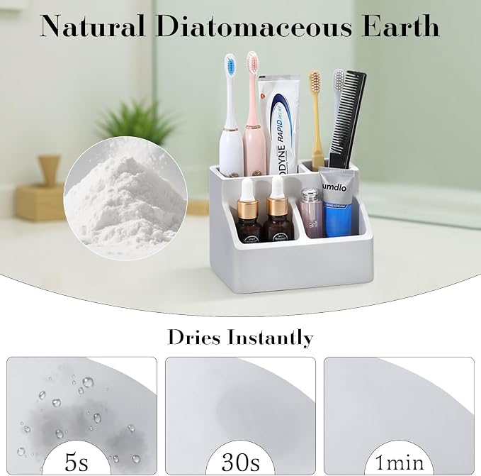 Luxspire Diatomite Toothbrush Holder, 4 Slots, Light Gray | Fast Drying, Diatomaceous Earth, Electric Tooth Brush and Toothpaste Organizer, For Bathroom Kitchen Vanity Countertop