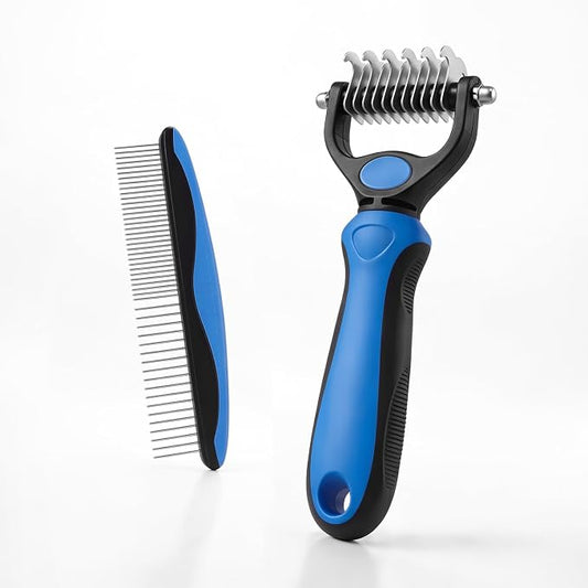 Pet Pro Grooming Tool for Dogs & Cats - Double Sided Deshedding Brush Undercoat Rake Dematting Comb, Reduces Shedding & Detangles Matted Fur(Blue-Small)