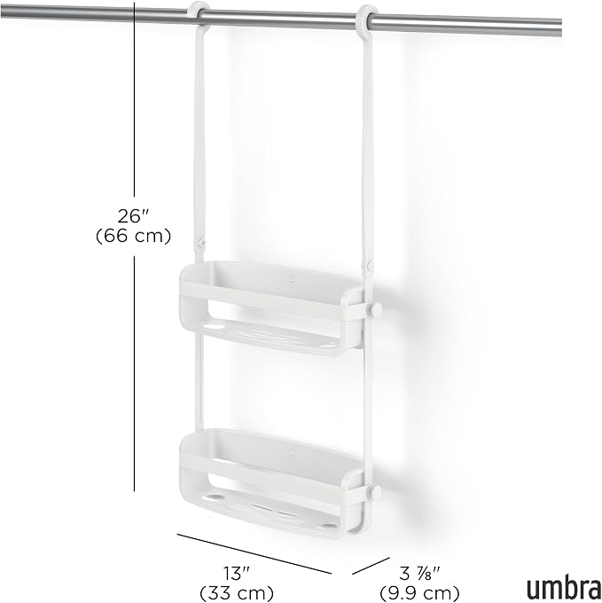 Umbra Flex Shower Caddy, Hanging 2 Shelves Bathroom Organizer, White | Flexible silicone bands, drainage system, mold resistant, bottle collars, overhead mount