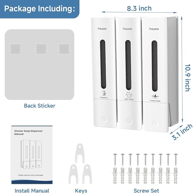 Shampoo and Conditioner Dispenser - Shower Soap Dispenser Wall Mounted No Drill - Shampoo Conditioner Body Wash Dispenser 3 Chamber - Easy Install for Bathroom Hotel White 1200ml