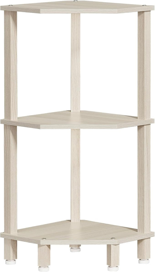 YUFAM 3-Tier Corner Shelf with Sturdy 5-Leg Base, Wooden Corner Bookshelf for Small Spaces, Small Corner Table for Living Room, Bedroom, Office, Grey White