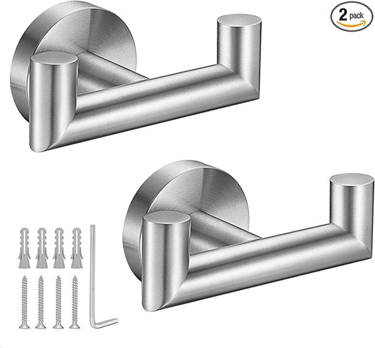 Towel Hooks for Bathrooms,Brushed Nickel Towel Hook for Kitchen Bathroom,SUS304 Stainless Steel Coat Hook,Heavy Duty Double Holder Robe Hooks for Hanging Towels,Coats,Sponges,Clothes,Wall Mount,2 Pack