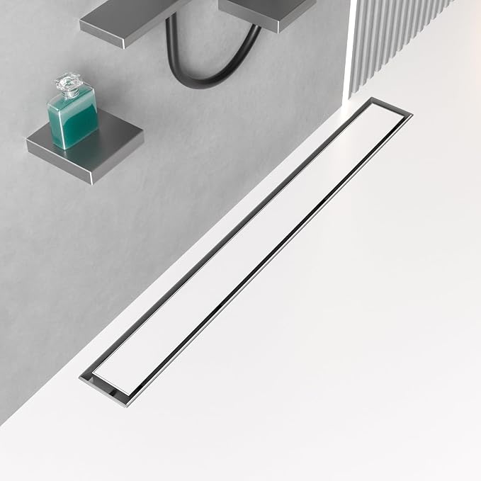 BARONAGE 48 Inch Linear Shower Drain, Rectangle Shower Floor Drain with 2-in-1 Flat & Tile Insert Cover, 304 Stainless Steel Bathroom Drains with Hair Catcher and Leveling Feet (Brushed Nickel)