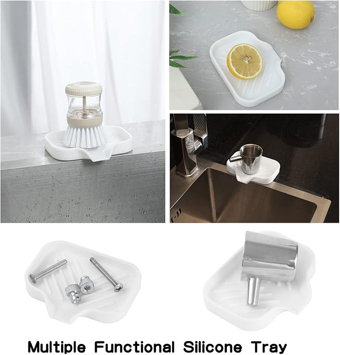 MicoYang Silicone Soap Dish with Drain Spout, Self-Draining Sink Organizer Tray for Bathroom and Kitchen, Sponges, Dispensers and Soap Holder, Non-Slip and Dishwasher Safe, White (Compact, 4.9"×3.2")