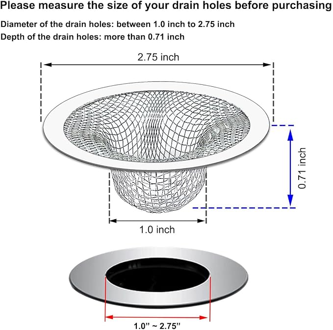 Seatery 2PCS Tub Drain Hair Catcher - 2.75 inch Shower Drain Mesh Strainer, Stainless Steel Shower Bathtub Drain Cover, Bathroom Sink Strainer Filter Basket for Bathroom Sink, Wash Basin Floor Drain