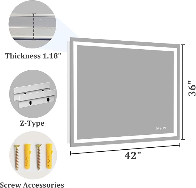 Koonmi 42x36 LED Bathroom Mirror with Light, Anti-Fog, 3 Colors | Backlit + Front Lit, Dimmable Brightness, Shatterproof HD Distortion-Free Tempered Glass, Hardware Included