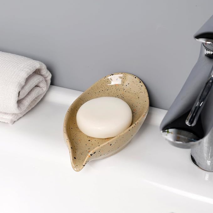 Soap Dish, Self Draining Soap Dishes 2PCS, Leaf Shape Ceramic Bar Soap Holder Drain Soap Dishes for Bathroom Sink Shower Kitchen, Easy to Clean Keeps Soap Dry, ANTIS'S HOME