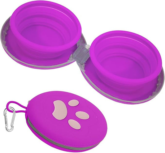 2-in-1 Collapsible Dog Travel Bowl Portable Silicone Carabiner | For Food and Water Use, Folds Flat for Compact Storage, Ideal for Pet Travel, Camping, Hiking, Road Trips and Daily Walks