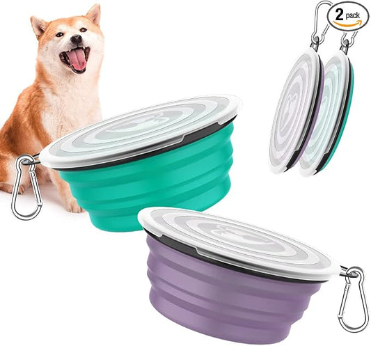 Pawaboo Collapsible Travel Dog Bowls 2 Pack with Lids&Carabiners Silicone | Feeding Watering Bowls for Dogs Cats, Collapsable Water Feeder Food Bowl for Walking Traveling Home Use, VioletTurquoise