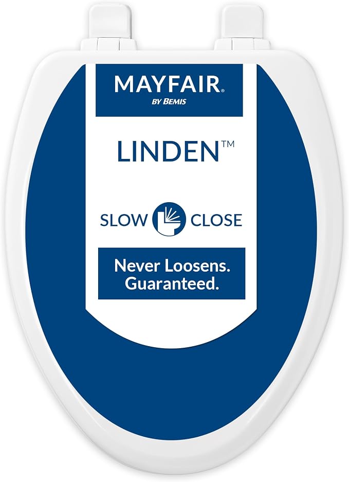 Mayfair Linden Slow Close Toilet Seat, Non Slip Heavy Duty Wood, Easy Install, Made in USA, Elongated, White, 4 Pack