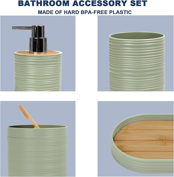 CERBIOR Bamboo Bathroom Accessories Set 6 Piece Spiral Bath Ensemble,Green | Includes Soap Dispenser, Toothbrush Holder, Toothbrush Cup, Soap Dish for Decorative Countertop and Housewarming Gift