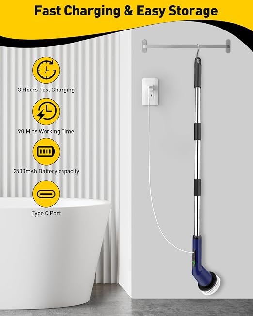 Electric Spin Scrubber for Bathroom, Shower Scrubber with Long Handle | Shower Cleaner Brushes, IPX7 Waterproof & 2 Speed, 8 Brush Heads, 90min Runtime, Bathroom Cleaning Supplies for Toilet Tub
