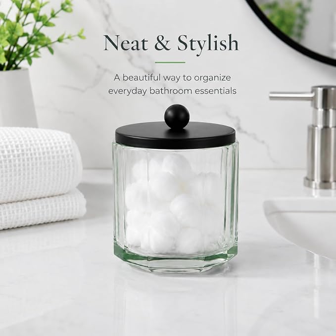 Sage Green Translucent Apothecary Octagional Shaped Glass Canister Jar With Black Metal Lid Cover for Bathroom Organization, Cotton Balls, Q Tips, and Small Accessories, Bathroom Storage