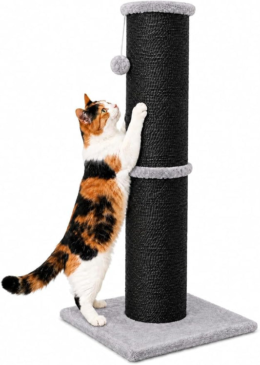 PAWSCRAT 32-Inch Tall Cat Scratching Post, 5.5-Inch Diameter, Sisal, Black | Natural Sisal Scratching Surface with a Dangling Ball for Indoor Cats, Scratch-Resistant Durable and Protect Your Furniture