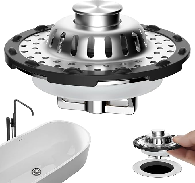 Universal Bathtub Drain Stopper Metal Hair Catcher, Top Strainer, Chrome | Shower Drain Tub Stopper with Stainless Steel Visible Filter Basket, Upgraded 3 in 1 Pop-up Drain Plug for 1.5 to 2.4" Hole