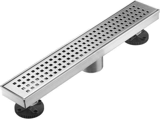 AVSIILE Linear Shower Floor Drain, Brushed Nickel 18 Inch 304 Stainless Steel Bathroom Drains Kit, Long Rectangular Shower Trench Drain with Square Pattern Drain Cover & Hair Catcher