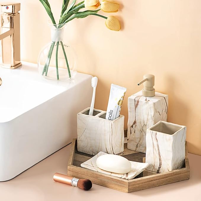 RQYIXI Ceramic 4-Piece Bathroom Accessories Set, Brown, Marble Design | marble look ceramic square design unique veining pattern modern countertop organization