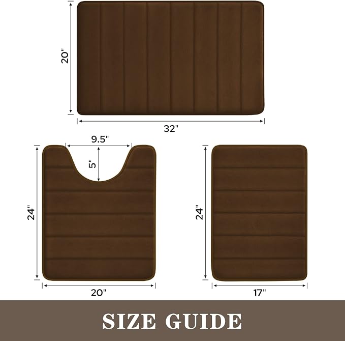 BYSURE Brown Memory Foam Bathroom Rug Set 3 Piece, Non Slip Extra Soft Absorbent Bath Mats, Machine Washable & Dry Toilet Mat Sets for Bathroom Floor | Non Slip Extra Soft Absorbent Machine Washable Toilet Bath Toilet Mat for Shower, for Bathroom