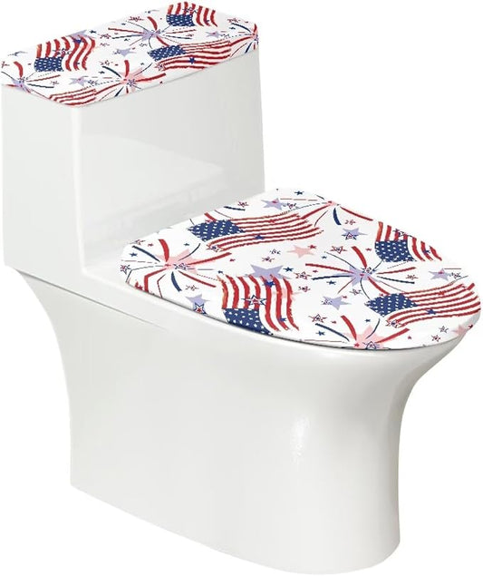 Patriotic Toilet Lid Covers for Bathroom Set Soft American Flag Toilet Seat Cover Set with Elastic Band Washable Elongated Independence Day Decoration