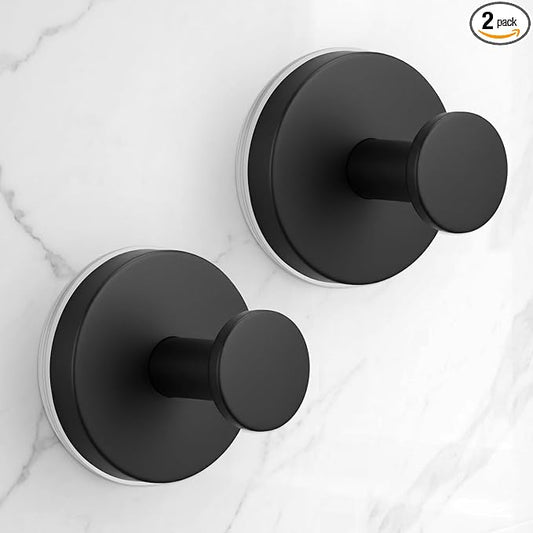 Large Suction Cup Hooks for Shower,Glass Window&Door,Mirror,Reusable Shower Hooks,No-Drill Removable Towel Hooks for Bathroom,2 Packs(Matte Black)