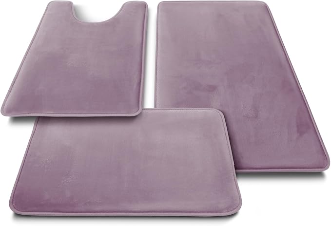Clara Clark 3 Piece Bathroom Rugs, Velvet Memory Foam Bath Mat Set, Non-Slip Bath Rugs, Machine Wash, Dries Quickly, Ultra Soft Plush Bath Mats for Bathroom, 17 x 24/20 x 32 / Contour, Dusty Purple