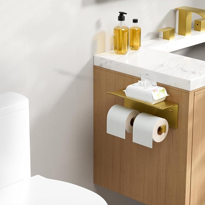 FORIOUS Toilet Paper Holder with Shelf, 304 Stainless Steel Wall Mount Commercial Toilet Paper Dispenser, Double Tissue Roll Holder for Bathroom, Brushed Gold