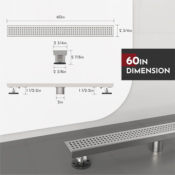 WEBANG 60 Inch Linear Shower Drain Rectangular Floor Drain with Accessories Square Hole Pattern Cover Grate Removable SUS304 Stainless Steel CUPC Certified Brushed