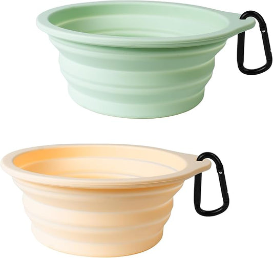 PetBonus 2-Pack Silicone Collapsible Dog Bowls, BPA Free Dishwasher Safe, Portable Foldable Expandable Travel Bowl, Food Water Feeding Cup Dish for Dogs Cats with 2 Carabiners(Light Mint,Beige Cream | 20 Oz, Silicone, Foldable Expandable Cat Feeding Cu...