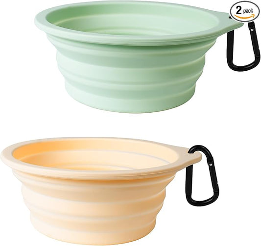PetBonus 2-Pack Large Silicone Collapsible Dog Bowls, 34oz/1000ml BPA Free Portable Foldable Travel Bowl for Pet Cat, Food Water Feeding Dish for Camping with 2 Carabiners (Light Mint, Beige Cream) | 34 Oz, Silicone, Foldable Expandable Cat Feeding Cup...