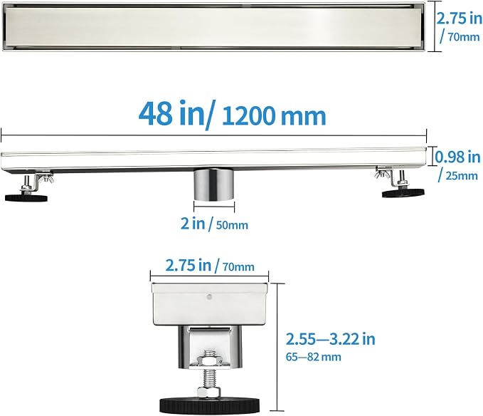 Linear Shower Drain ，48 Inch Brushed 304 Stainless Steel Rectangle Shower Floor Drain，with Reversable Tile-inPattern Drain Cover & Hair Catcher, Adjustable Feet