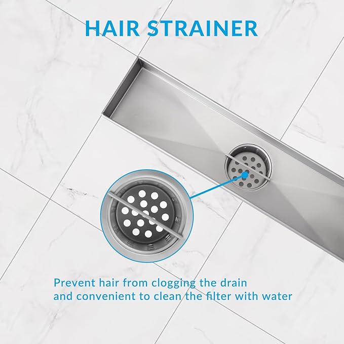 28 Inch Linear Shower Drain Silver Floor Drain for Bathroom Kitchen Rectangular 2 in 1 Floor Drain Tile Insert Cover 304 Stainless Steel Easy Install with Hair Strainer, Adjustable Leveling Feet