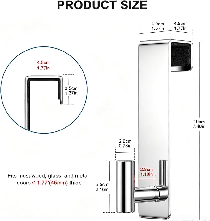 HUFEEOH Shower Door Hooks, Heavy Duty Stainless Steel Over The Glass Door Hanger, T Shape Bathroom Towel Robe Coat Rack Hooks, Tool-Free Installation (Fits 1-3/4" Thick Door - T Shape - 2 Pack)