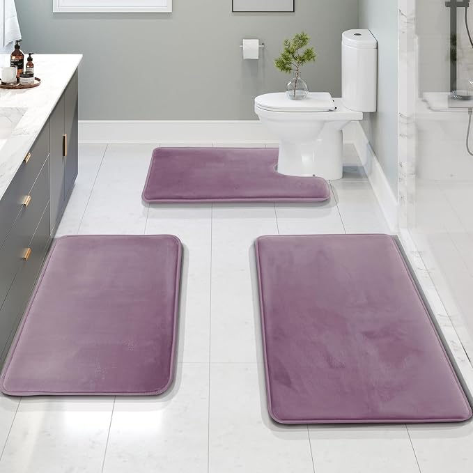 Clara Clark 3 Piece Bathroom Rugs, Velvet Memory Foam Bath Mat Set, Non-Slip Bath Rugs, Machine Wash, Dries Quickly, Ultra Soft Plush Bath Mats for Bathroom, 17 x 24/20 x 32 / Contour, Dusty Purple
