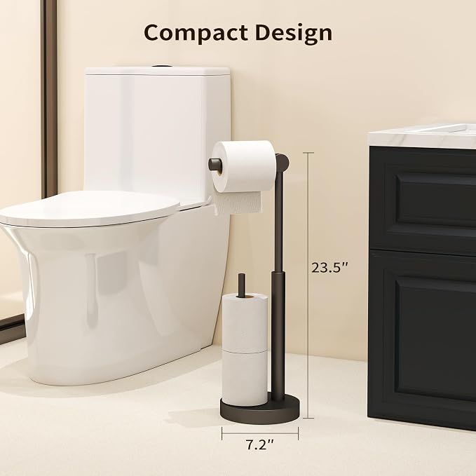 Toilet Paper Holder Stand with Storage & Weighted Base, Matte Black | Free Standing Stainless Steel Design with Open-Ring Arm for Easy Roll Replacement