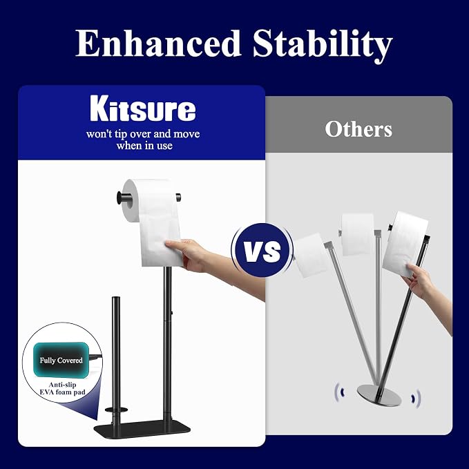 Kitsure Toilet Paper Holder Stand, Bathroom Storage, Medium, Black | Large Capacity Toilet Paper Holder for 4 Rolls, Rustproof Toilet Paper Holder Free Standing, Non-Slip Stable Base