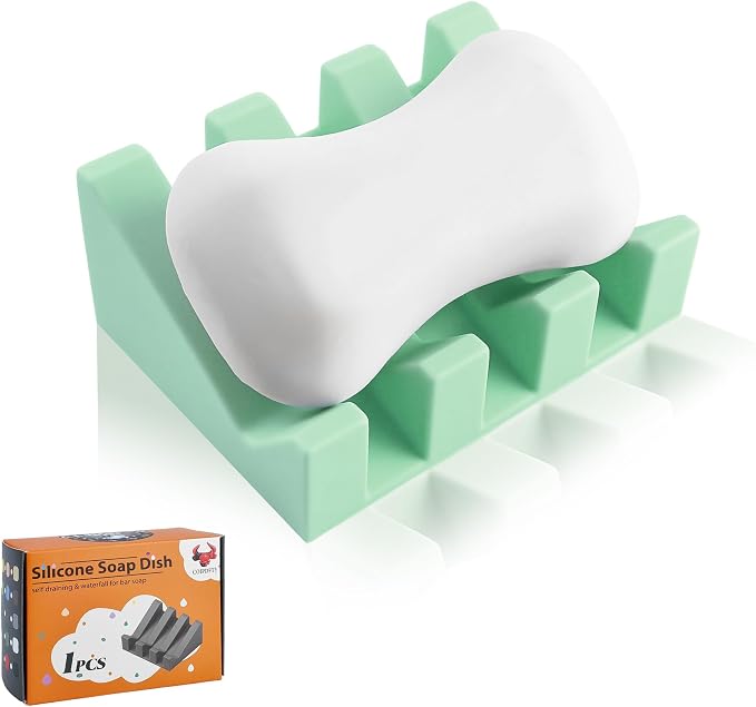Self Draining Soap Dish Holder,Silicone Soap Dish,for Bathroom,Kitchen, Sponges，Can Extend Soap Life，Keep Soap Bars Dry and Easy Cleaning (Sea Blue,1-Pack)