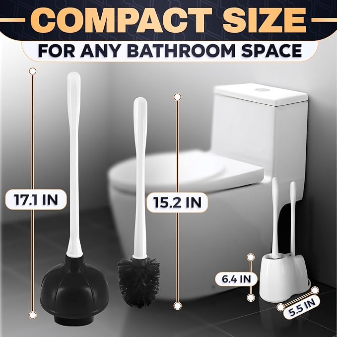 2 in 1 Toilet Plunger and Brush Set White - Toilet Brush and Plunger Set White with Stiff Bristles, Strong Vacuum Suction and Holder - Space-Saving Stand, Fits Most Standard Toilets, 6.4×5.5×17.1 inch
