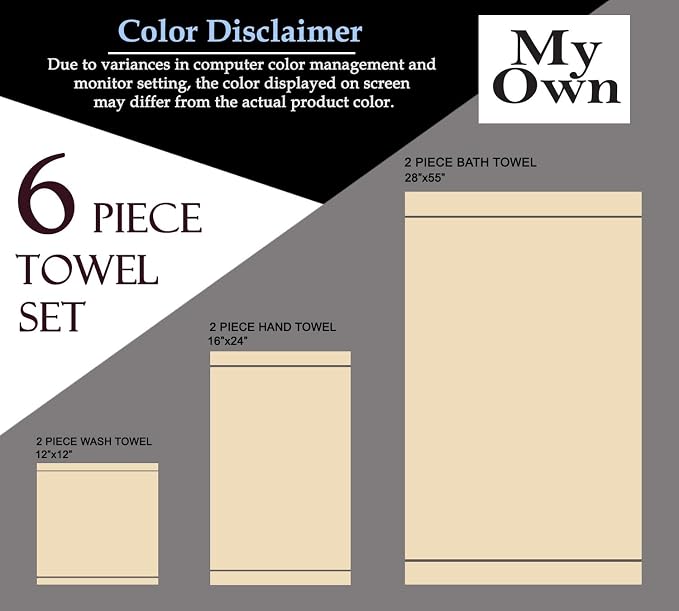 MyOwn Ultra Soft 6 Pack Cotton Towel Set, Contains 2 Bath Towels 28x55 inch, 2 Hand Towels 16x24 inch & 2 Wash Coths 12x12 inch, Ideal Everyday use, Compact & Lightweight - Light Grey