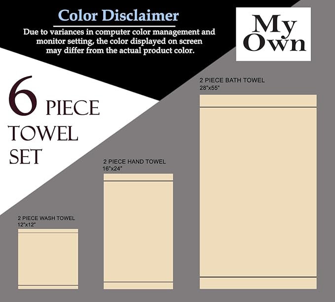 MyOwn Ultra Soft 6 Pack Cotton Towel Set, Contains 2 Bath Towels 28x55 inch, 2 Hand Towels 16x24 inch & 2 Wash Coths 12x12 inch, Ideal Everyday use, Compact & Lightweight - Black