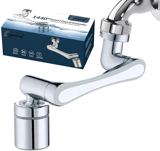 Premium Brass 1440° Swivel Faucet-Extender Sink Aerator,2 Mode Splash Filter with Adjustable Rotating Arm,Complete Installation Kit&Adapters Help Fit Bathroom&Kitchen Sink-Wash Hand/Hair/Face