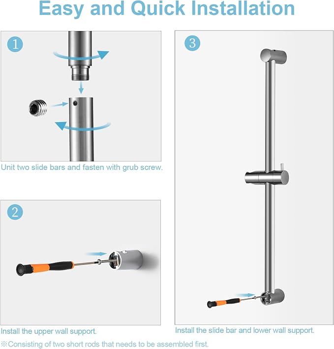 OFFO Shower Slide Bar Combo, 33 in Segmental Slide Bar with 6-Mode High Pressure Handheld Shower Head and 60 in Stainless Steel Hose, Chrome