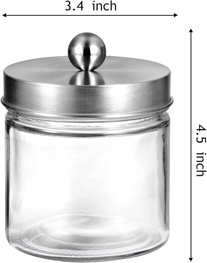 SheeChung Glass Mason Jar Qtip Holder Dispenser, Brushed Nickel Lids,2 Pack | Clear Apothecary Jar,Stainless Steel Lids,Small Bathroom Jars Canisters,Vanity Storage Organizer for Cotton Swabs,Balls,Floss