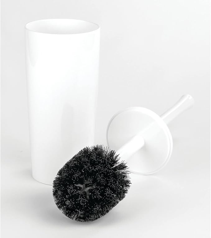 mDesign Slim Plastic Toilet Bowl Brush and Holder Set, Modern Compact Storage Organizer Cleaner Scrubber for Toilet - Heavy Duty Cleaning Plunger for Bathroom, Aura Collection - White