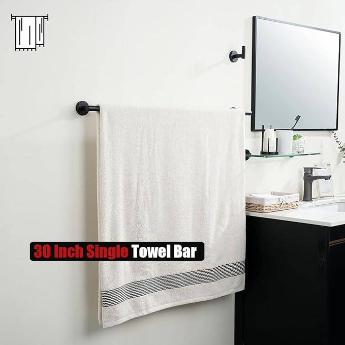JQK Black Bath Towel Bar, 33 Inch 304 Stainless Steel Thicken 0.8mm Towel Rack Bathroom, Towel Holder Matte Black Wall Mount, Useable Length 30 Inch, TB110L30-PB